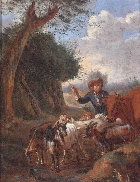 unknow artist A Young herder with cattle and goats in a landscape China oil painting art